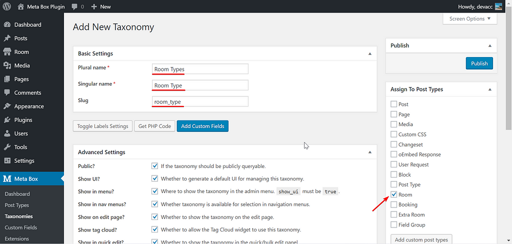 Fill in the information for the taxonomy