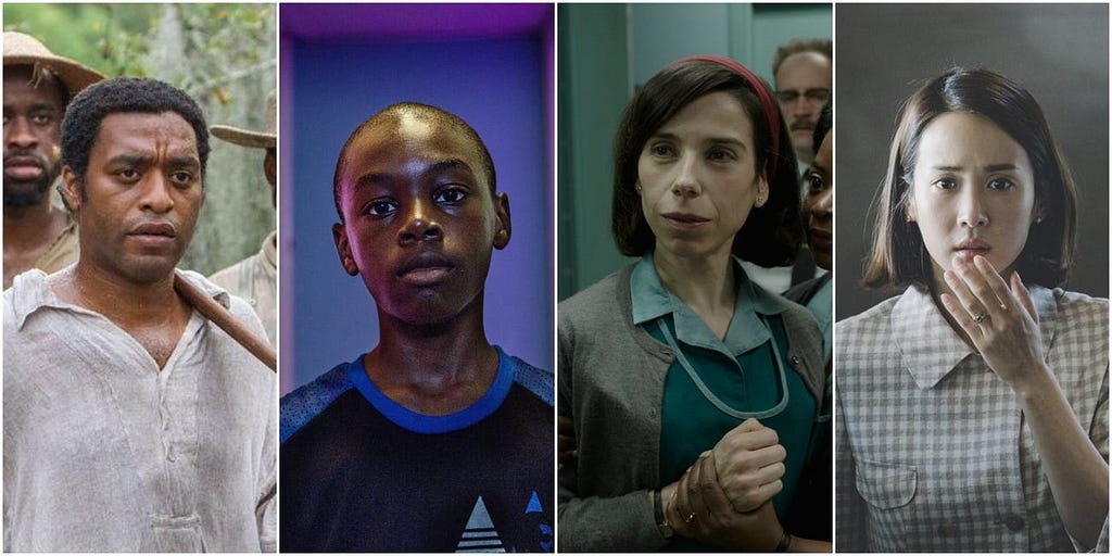 From left to right: “12 Years a Slave,” “Moonlight,” “The Shape of Water,” and “Parasite.”
