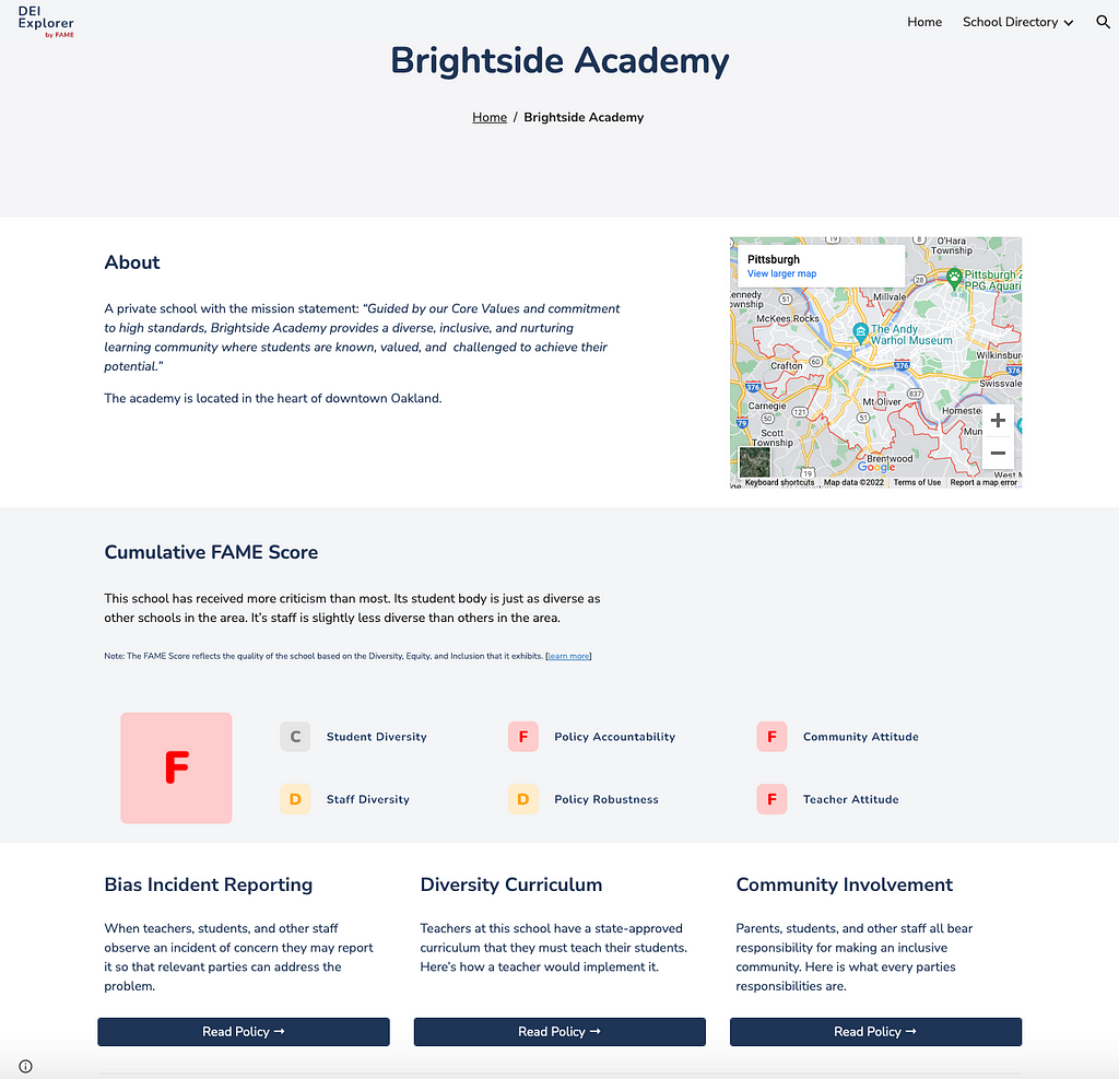 A screenshot shows a website that is hosted on Google Slides. The website shows an overview of an imaginary school called “Brightside Academy”, their mission statement, and their location. It also shows the ‘FAME score’ Brightside Academy has received. This page also shows buttons that link to each aspect of their DEI policy