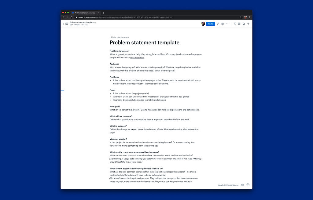Template no Dropbox criado por Kim para ajudar designers a definirem melhor os problemas que estão tentando resolver.
