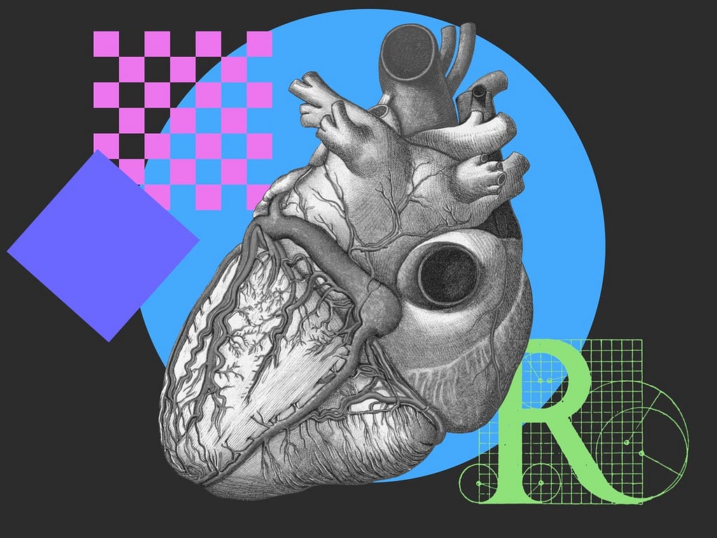 A black-and-white medical illustration of a human heart is at the center of a collage, against a black background, consisting also of a purple square, a pink checkerboard pattern, a blue circle, and a green uppercase R in a calligraphic typeface.