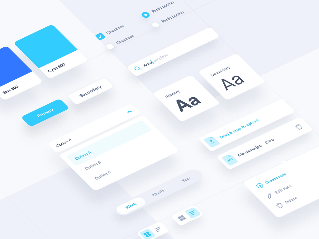 The image shows various components of a UI. Source: https://dribbble.com/