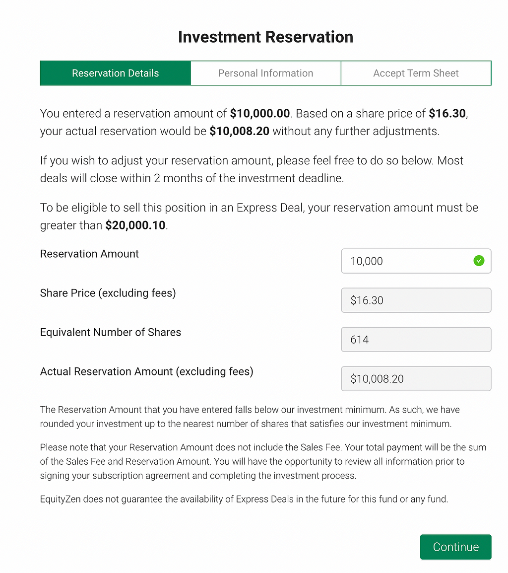 Screenshot from EquityZen website — Investment reservation and choosing the amount of allocation