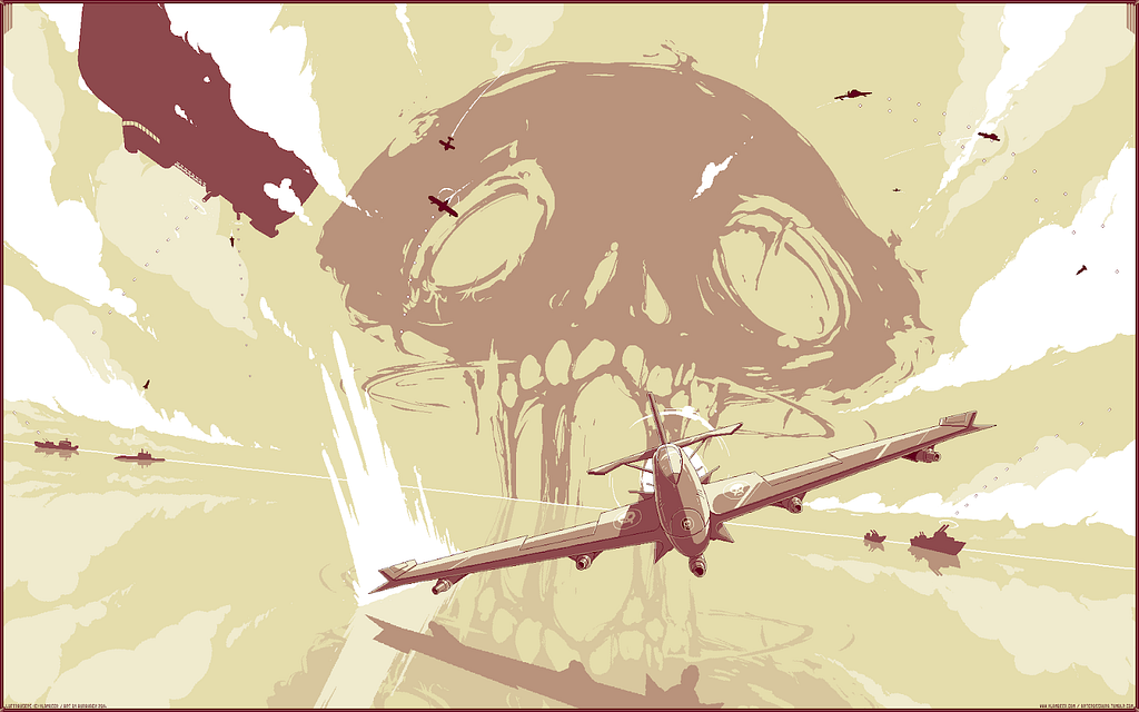Screenshot of Luftrausers showing a skull background and an airplane in front