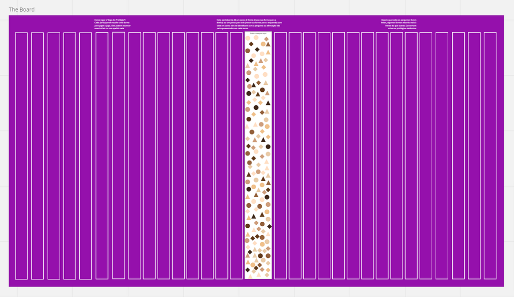 Representação do tabuleiro para da nossa Caminhada do Privilégio, 2022. Tabuleiro em roxo com peças ao meio representando cada pessoa.