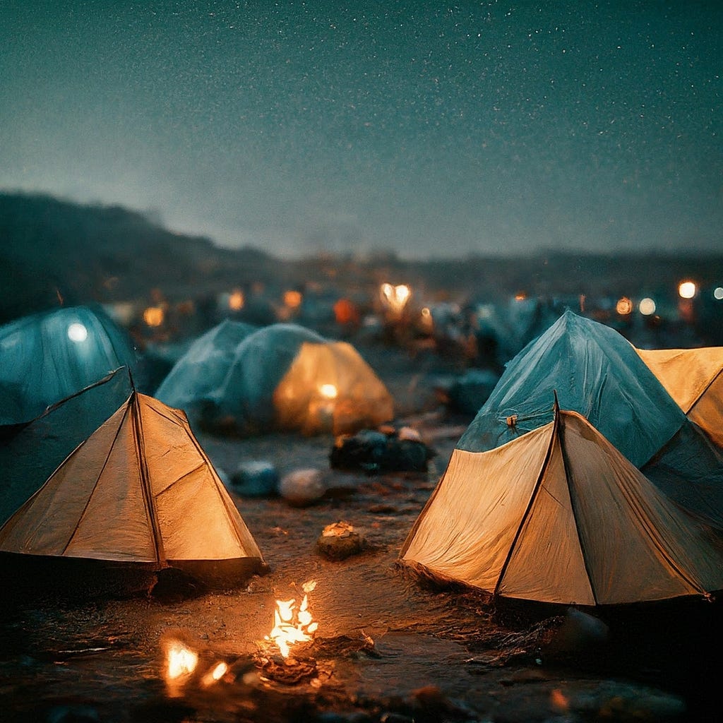 Illuminated tents of climate migrant camps against a backdrop of a starlit sky, highlighting the juxtaposition of human endurance and environmental crisis.