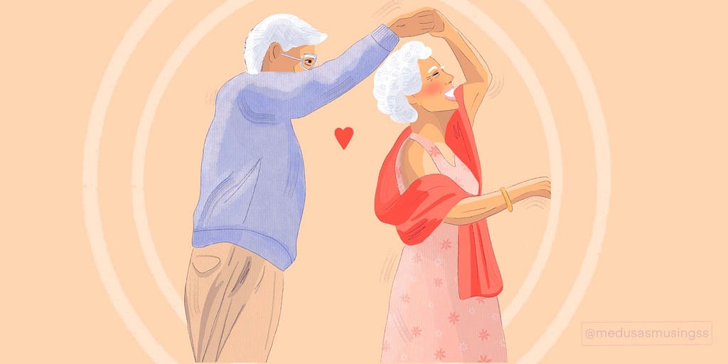 Digital illustration of an older couple dancing with joy