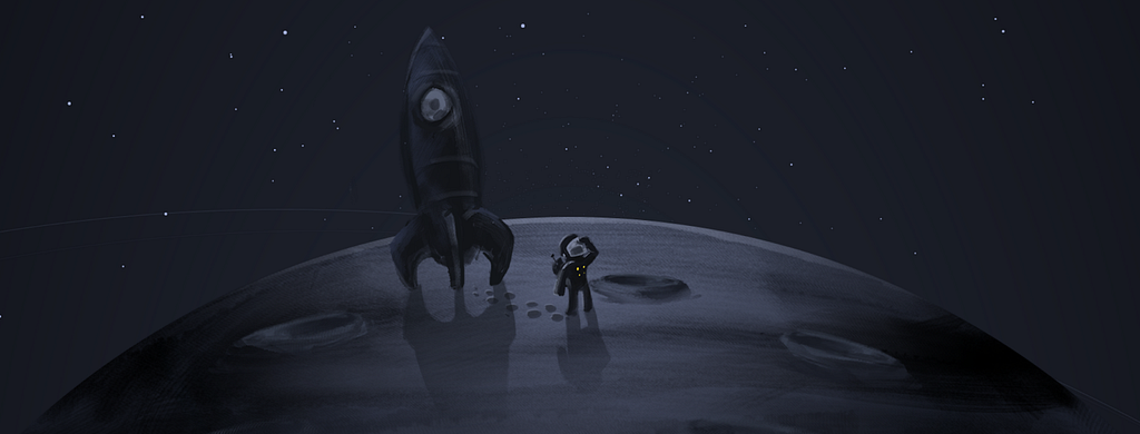 Illustration of an astronaut on the moon, standing next to his rocket ship, and looking up into space.