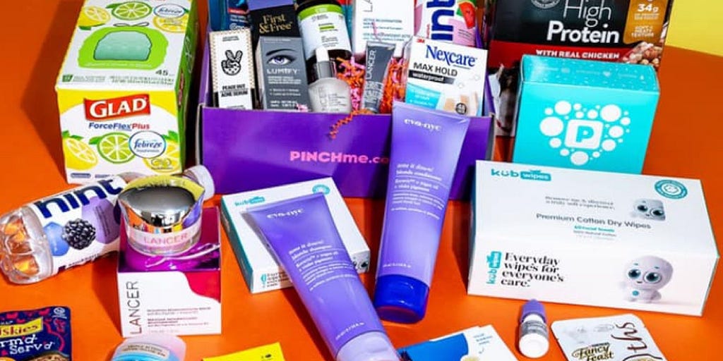 Different free samples of acne products, shampoo, protein powder, trash bags, and more.