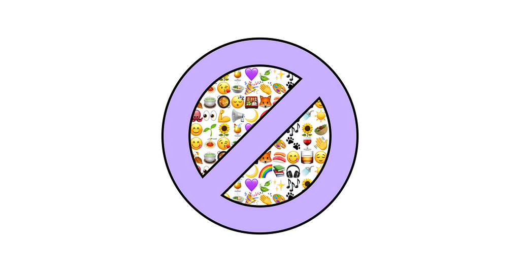 A purple forbidden sign, behind which we can see many emojis