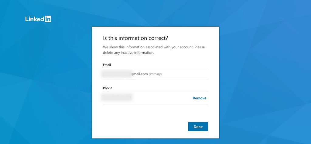 “Is this information correct?” modal on LinkedIn.com