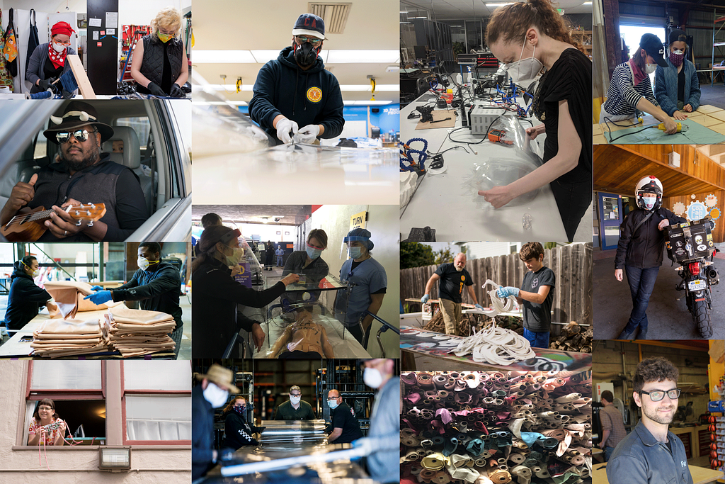 A collage of photos of volunteers and staff with FabCity Oakland working around the clock to produce PPE locally.