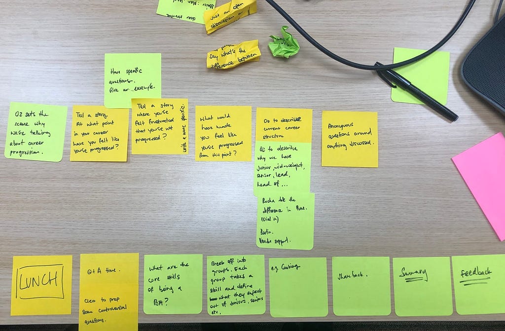 A table with sticky notes messily put together to create a plan. There is also a pen and crumpled up sticky notes strewn around to denote a process of planning.