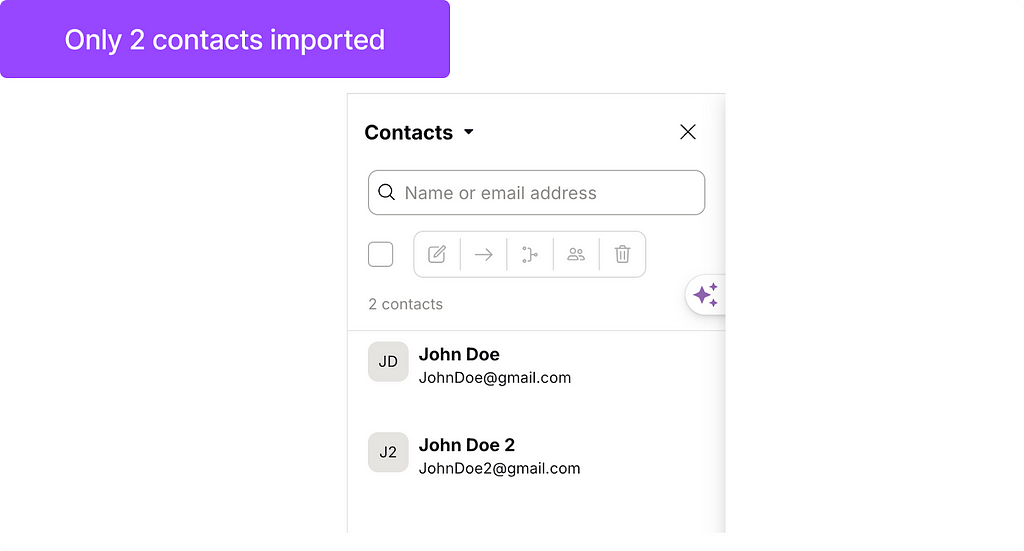An image is a screenshot of Proton Mail’s contact functionality, showing only 2 contacts.