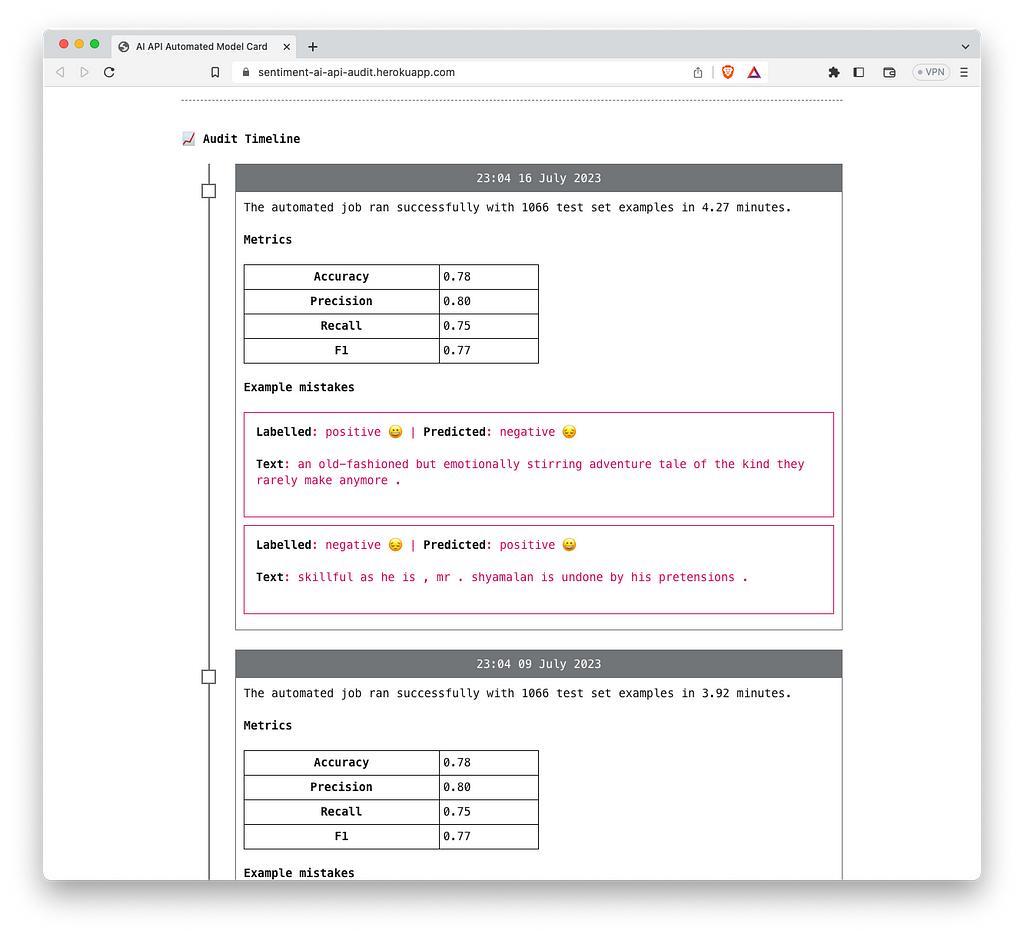 A screen shot of the Audit Bot website, showing a timeline of the historical performance of the Google Sentiment API on an open dataset