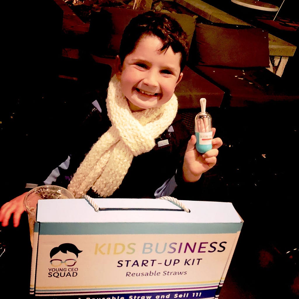 Kid entrepreneur selling Young CEO Squad reusable straws