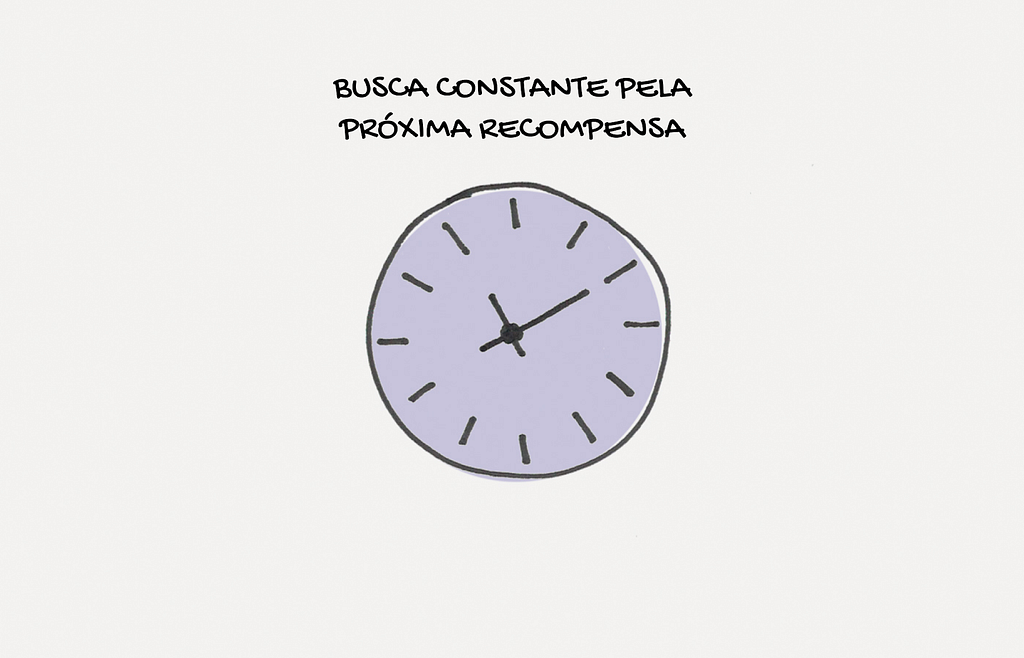 Relógio com a frase "busca constante pela próxima recompensa" acima.