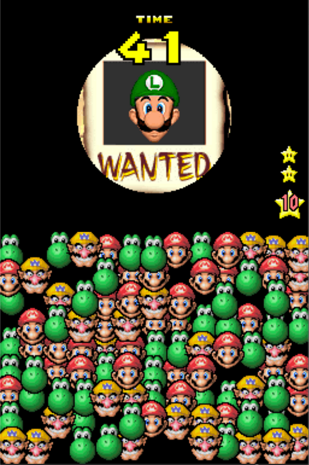 Another screenshot of the “Wanted!” minigame, but this time, it is a lot harder to find the character. We are searching for Luigi, but now we see many Yoshi faces all crowded around, often on top of one another. Since both Yoshi and Luigi are the same green color, it’s hard to know when the green is a part of Yoshi or maybe a part of Luigi’s hat. The only visible part of Luigi is his eyes, seen near the center of the image behind a Mario face.