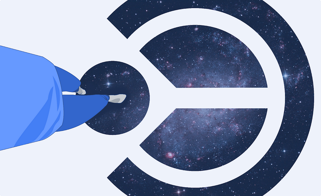 illustration of person stepping into a universe-colored WMF logo