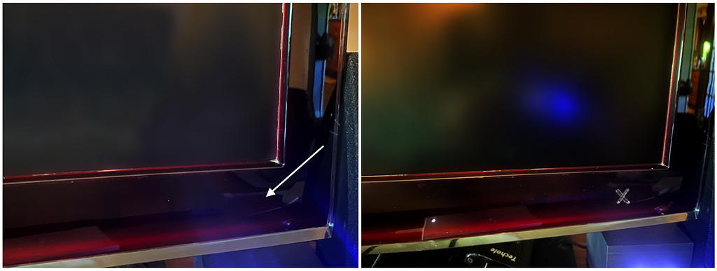 Two images of my monitor with and without my hand-drawn power button location indicator.