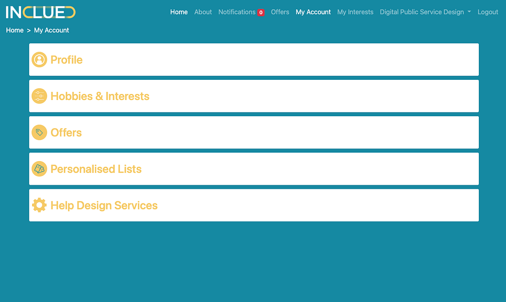 A user interface listing navigation options: ‘Profile’, ‘Hobbies and Interests’, ‘Offers’, ‘Personalised Links’ and ‘Help Design Services’