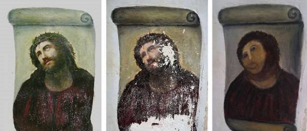 Imagem de um quadro que ficou conhecido como o Jesus Restaurado. Trata-se de uma restauração muito mal feita de uma pintura famosa.