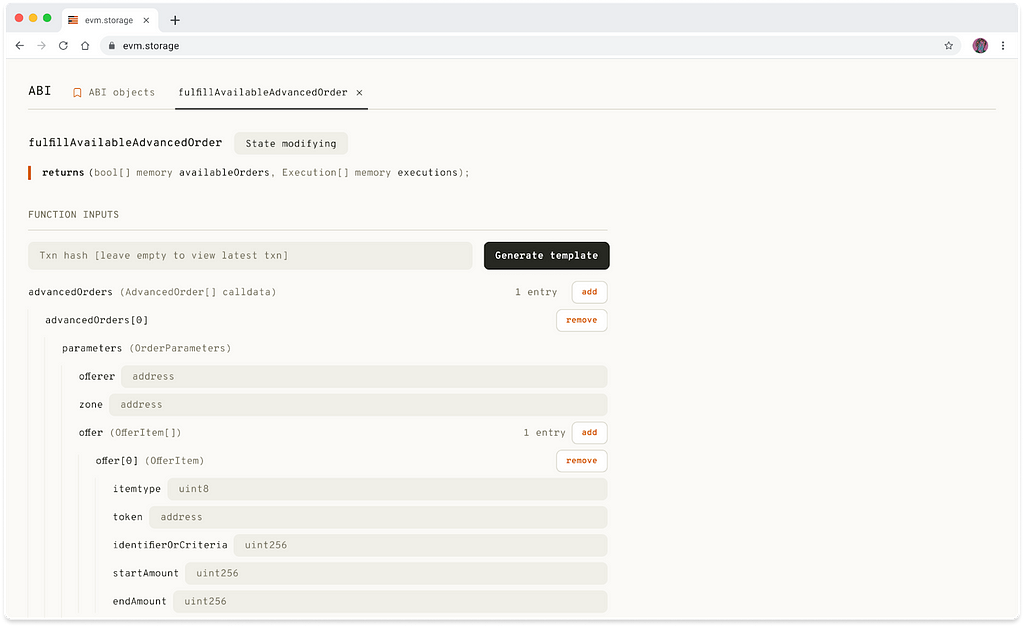 An image that shows a form that enables a user to interact with a contract and simulate transactions. Also includes a “generate template” button so the user can generate a template for an interaction from a past transaction.