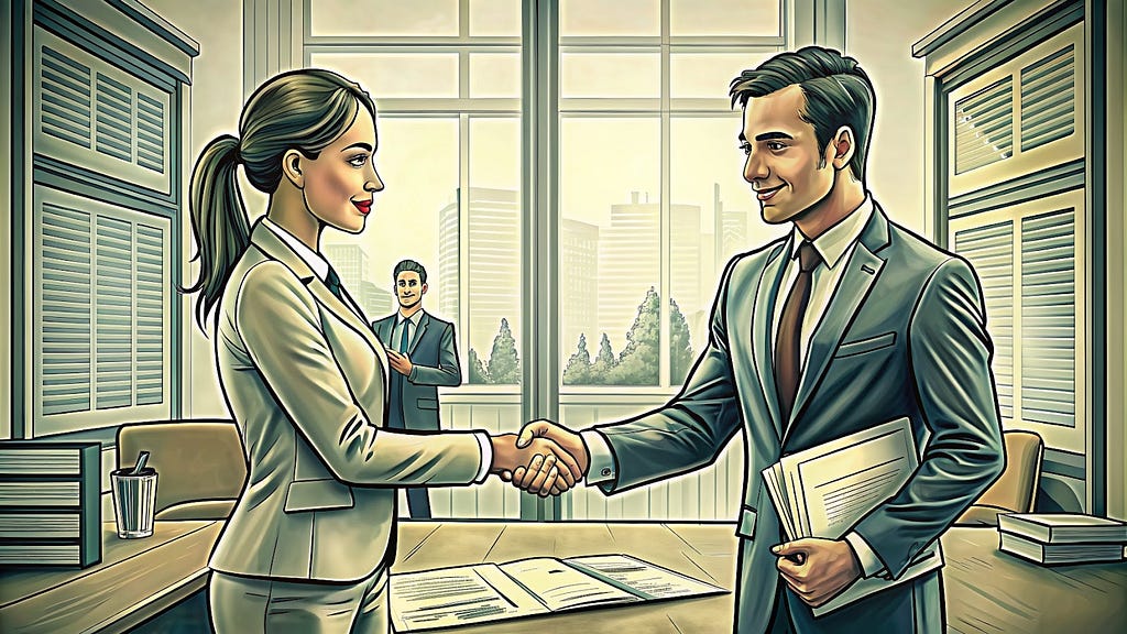 An educator and client shaking hands across a table with documents, concluding a successful contract negotiation.