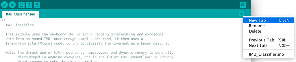 Open IMU_Classifier.ino in the Arduino IDE