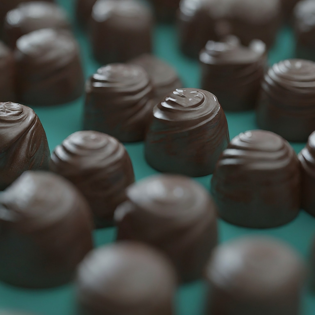 Close-up view of dark chocolate candies, symbolizing the unseen impact of child labor in the chocolate industry.