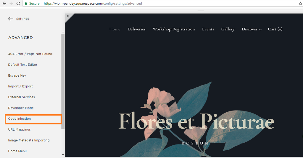 Screenshot of Squarespace's Advanced Settings page, with "Code Injection" highlighted in the menu.