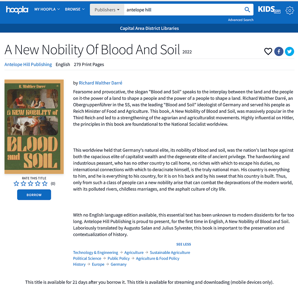 Image from Hoopla Digital showing fascist text “A New Nobility of Blood and Soil”