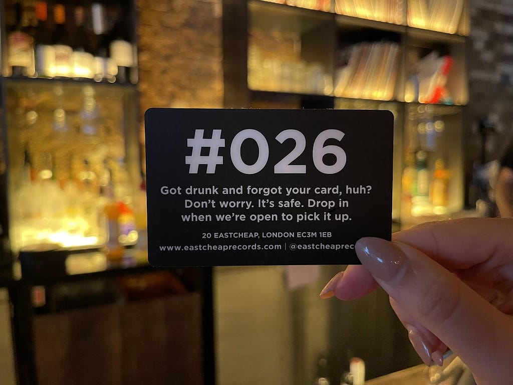 The card you are given at Eastcheap Records bar when you start a tab.