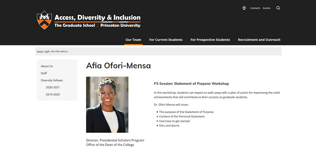 Princeton University website showing Afia Ofori-Mensa as one of the staff