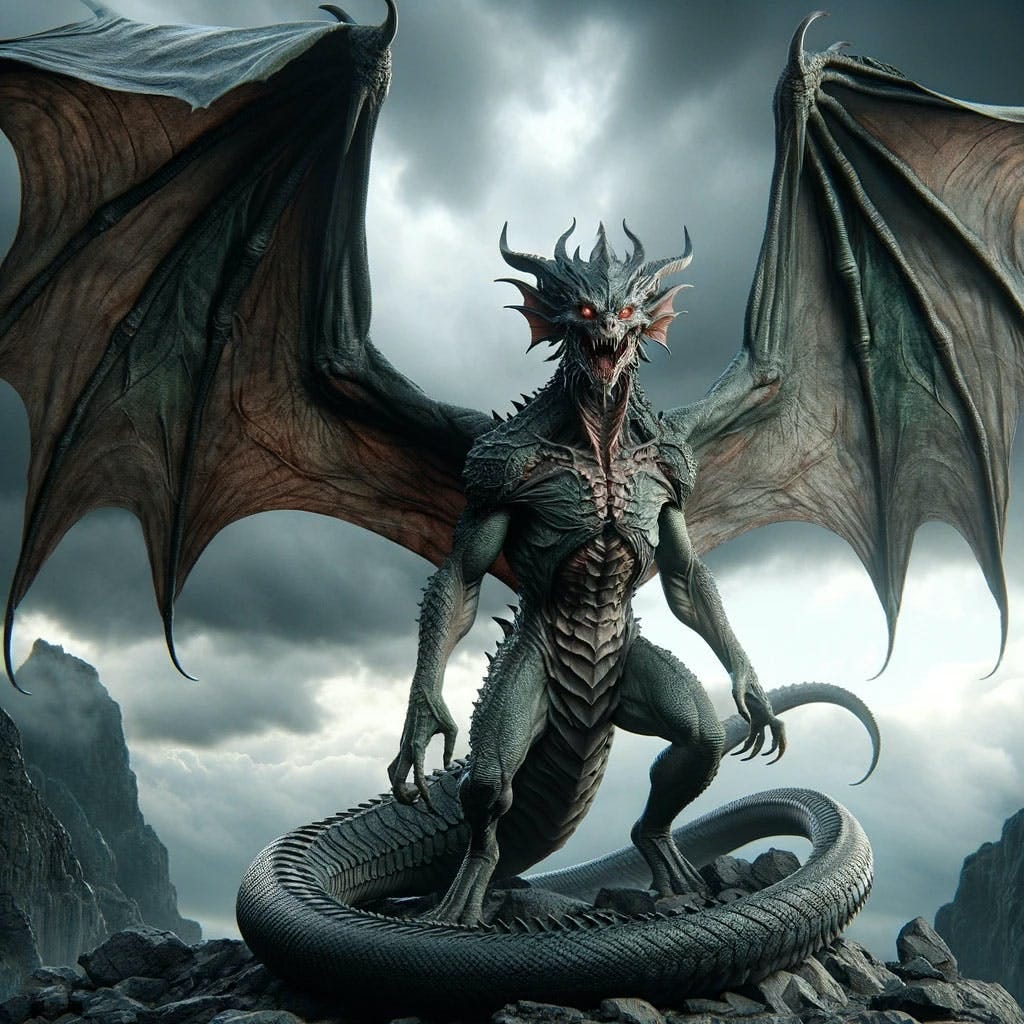 Photorealistic depiction of a Zmeu, a mythical creature from Romanian folklore, with humanoid form, dragon-like features, large bat-like wings, and a serpent-like tail, standing atop a rocky mountain under stormy skies.