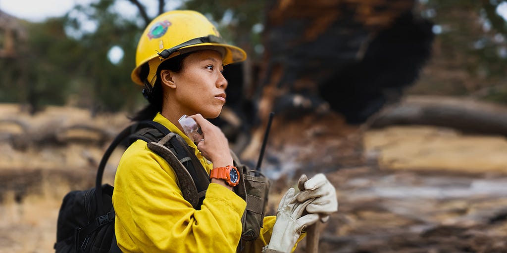A wildland firefighter in full gear surveys the landscape.