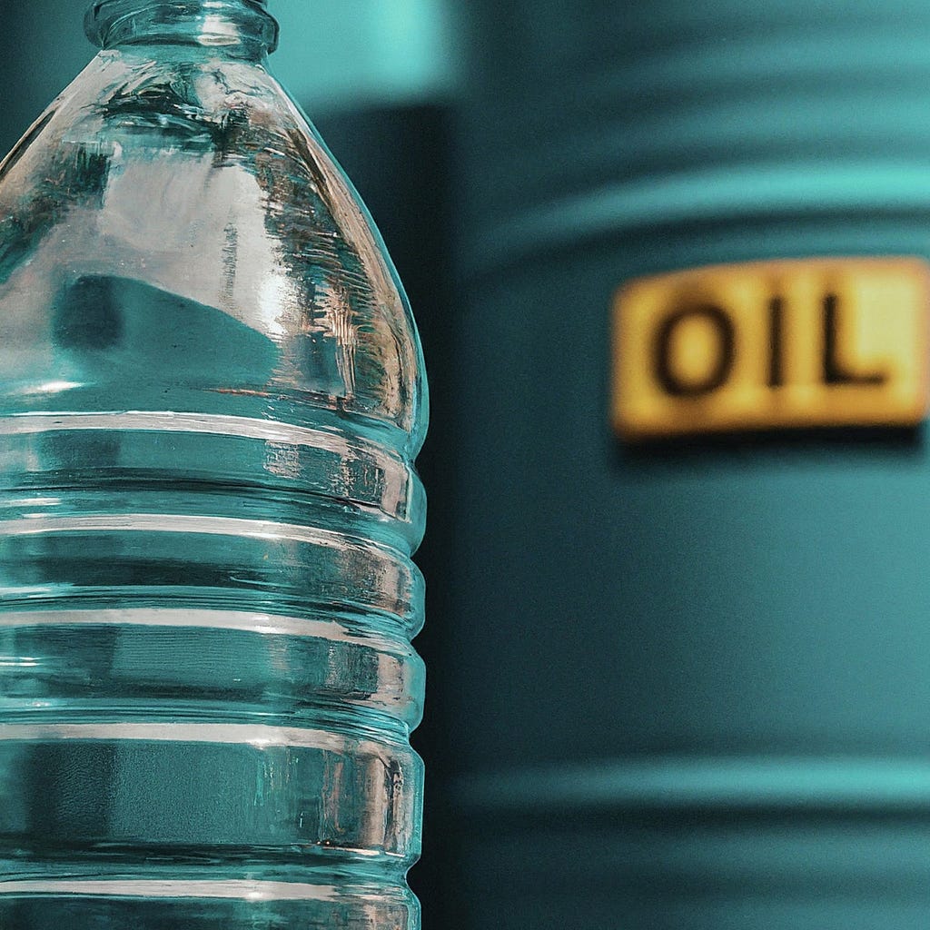 Close-up of a clear plastic water bottle with a blue oil barrel marked “OIL” in the blurred background, highlighting the environmental and financial impacts of bottled water consumption and oil production.