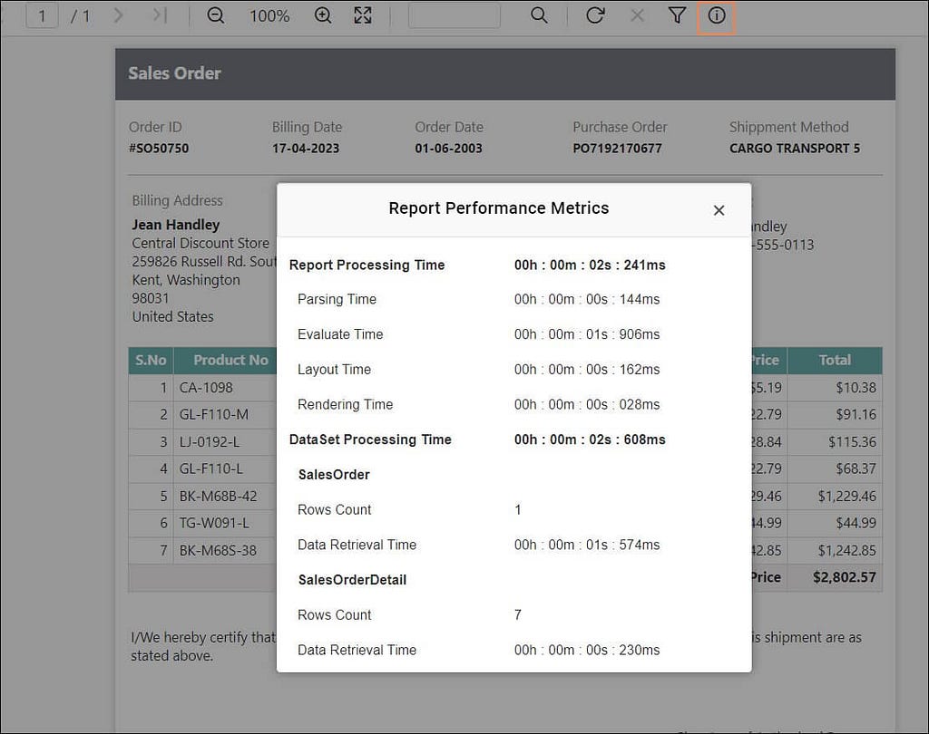 Displaying the Report Performance Metrics Dialog for Enhanced Insight.
