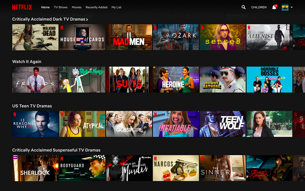A Netflix screenshot showing various movies/series options under different categories of Dark TV Dramas, Watch it Again, and US TV Dramas.