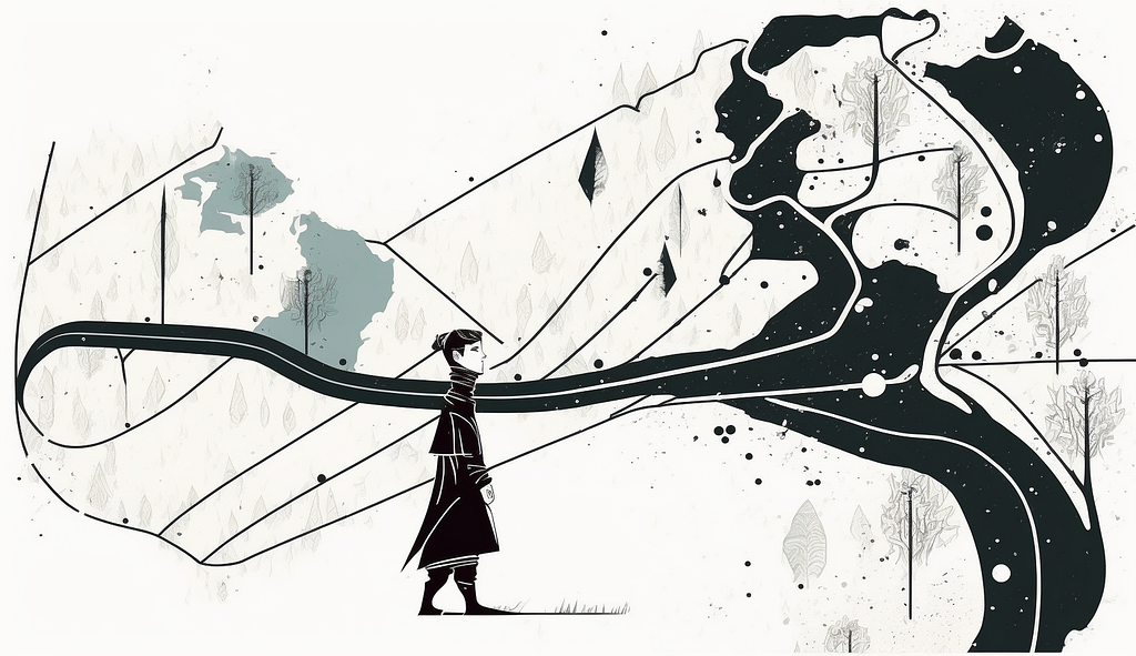 Illustration of a woman in the middle of a journey