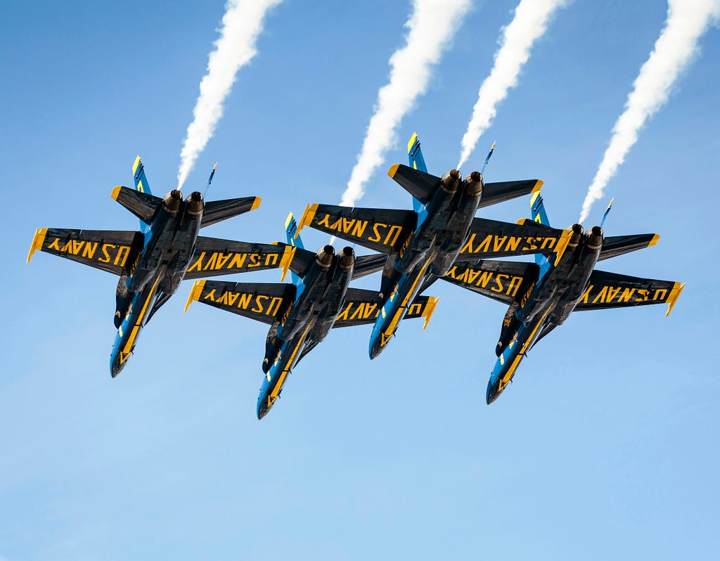 four U.S. Navy blue angels aircraft in flight in blue sky. 4 navy jet aircraft with yellow text that says U.S. Navy with white jet stream from aircraft; posted on Mickey Markoff 2024 article on U.S. Navy birthday