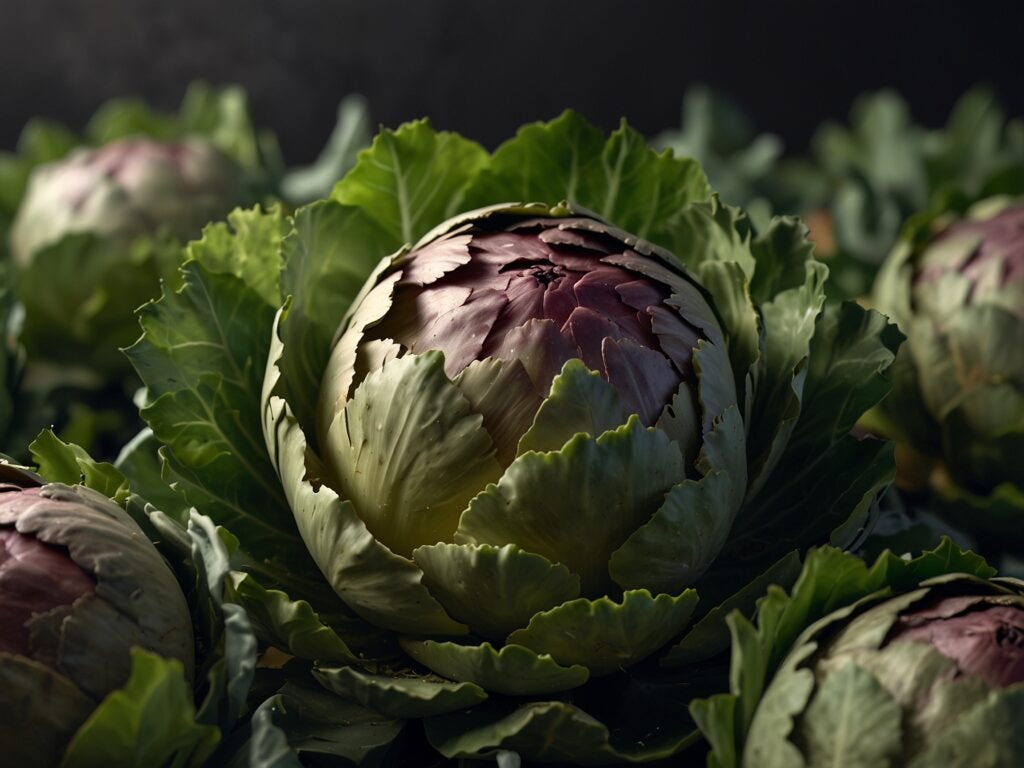 Close-up of a fresh hydroponic artichoke with green and purple leaves, highlighted against a dark background.