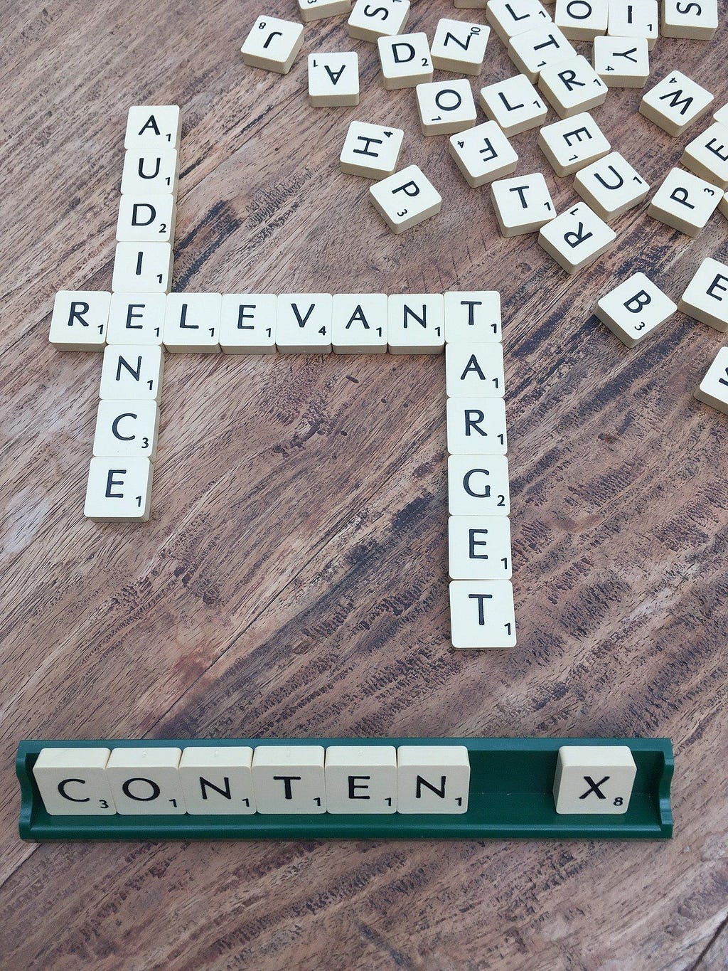 Scrabble game revealing the words, 'Content' and 'Relevant Target Audience'.