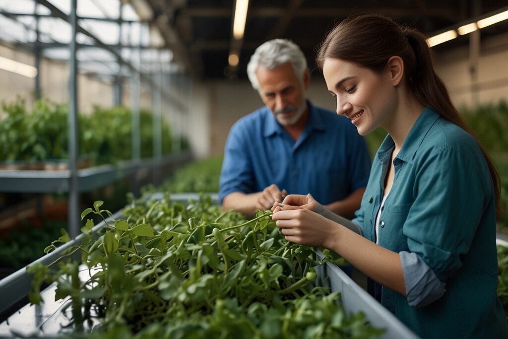 A young woman and an older man examining plants in an indoor greenhouse, with the woman focusing on a plant's leaves while discussing growing peas in hydroponic systems.