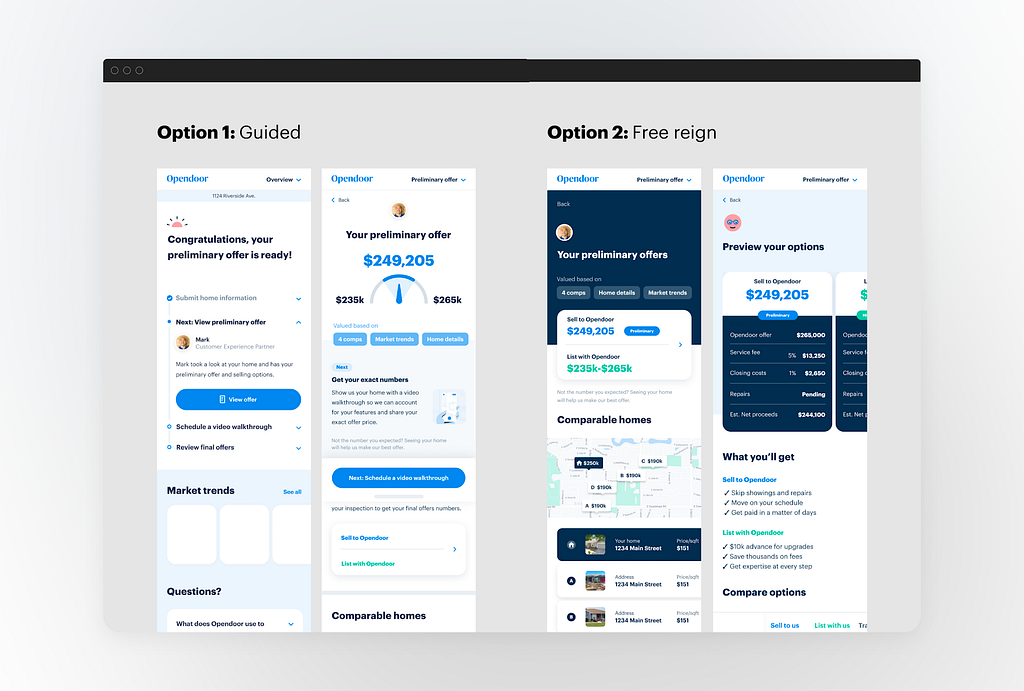 Mockups of guided and more free-reign flows.