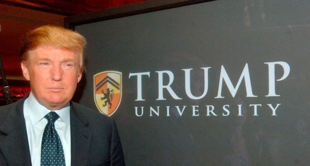Donald Trump in front of Trump University sign.