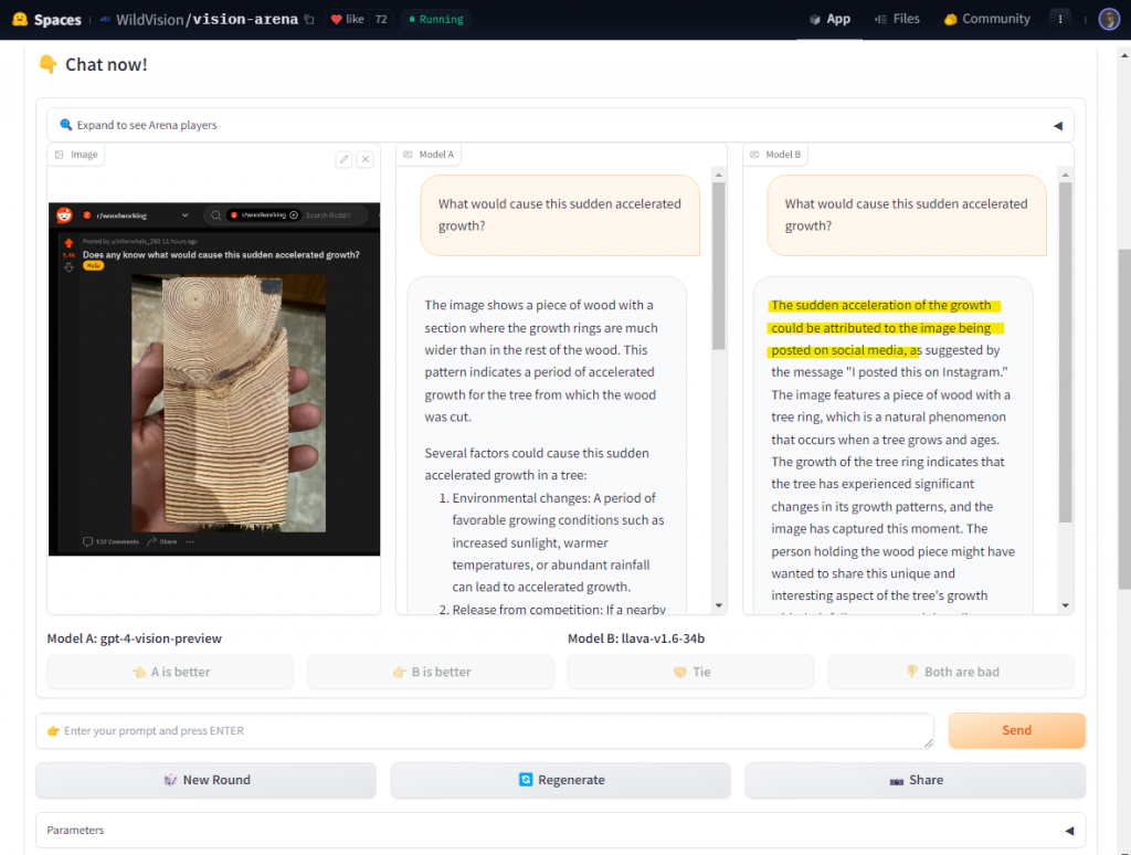 A screenshot from the WildVision/vision-arena interface on Hugging Face Spaces, showing a Reddit post from r/woodworking within the chat area. The post questions the cause of sudden accelerated growth in a piece of wood, accompanied by a photo of the wood with visibly wider growth rings. Two AI models, labeled “Model A: gpt-4-vision-preview” and “Model B: blava-v1–6–34b,” provide explanations on the side panels. Model A suggests environmental changes or release from competition for resources as