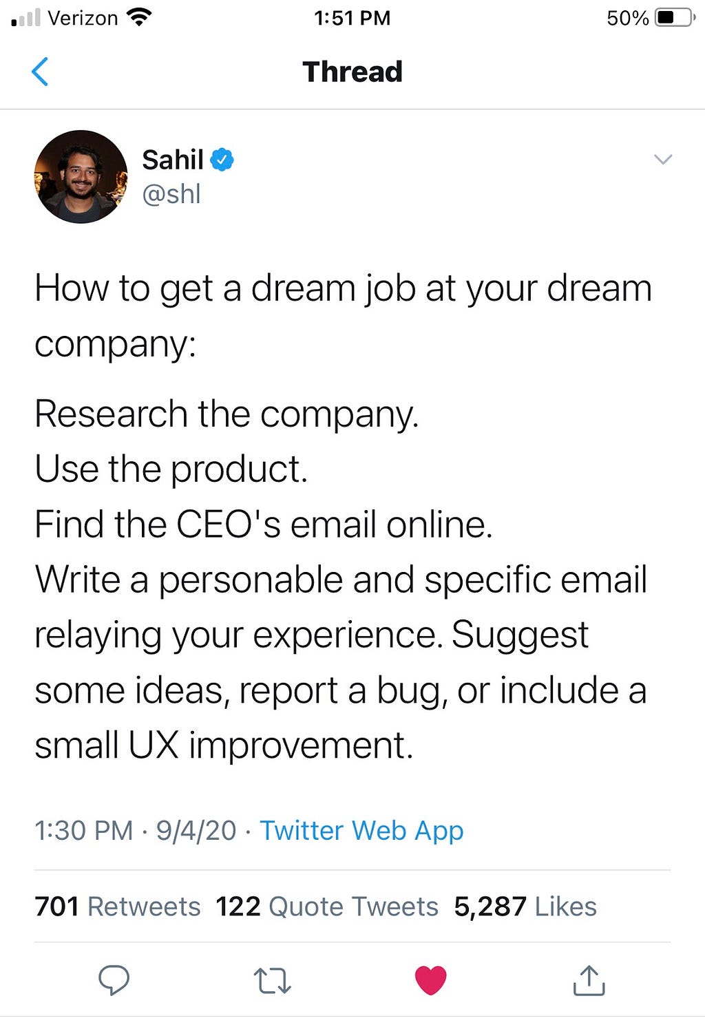 screenshot of a tweet about how to get your dream job