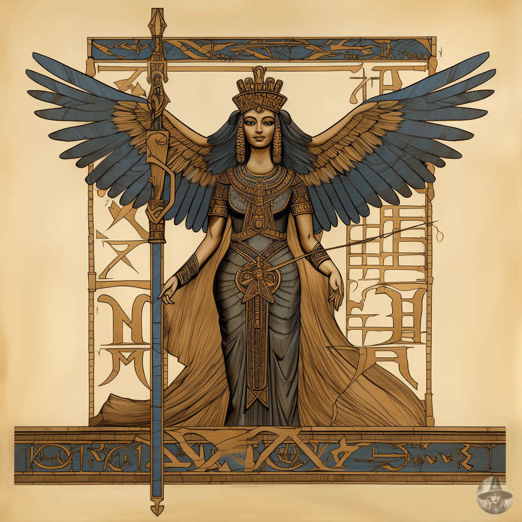 The deity Ma’at that stood with the god and her shield, in the style of dark azure and beige, detailed sketching, angelcore, egyptian art, steampunk-inspired designs, life-like avian illustrations, columns and totems.