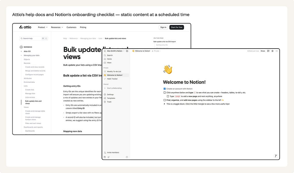 Attio help center showing a hierarchical doc tree navigating Reference → Managing your data → Lists → Bulk update lists and views. Notion showing a “Welcome to Notion!” checklist page with generic tips about typing, slash commands, and sidebar navigation.